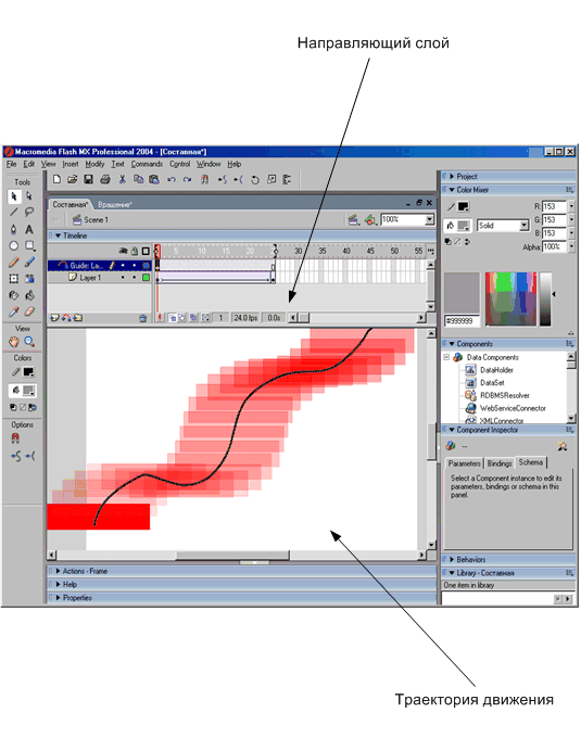 Использование направляющего слоя при создании анимации в Macromedia Flash MX 2004