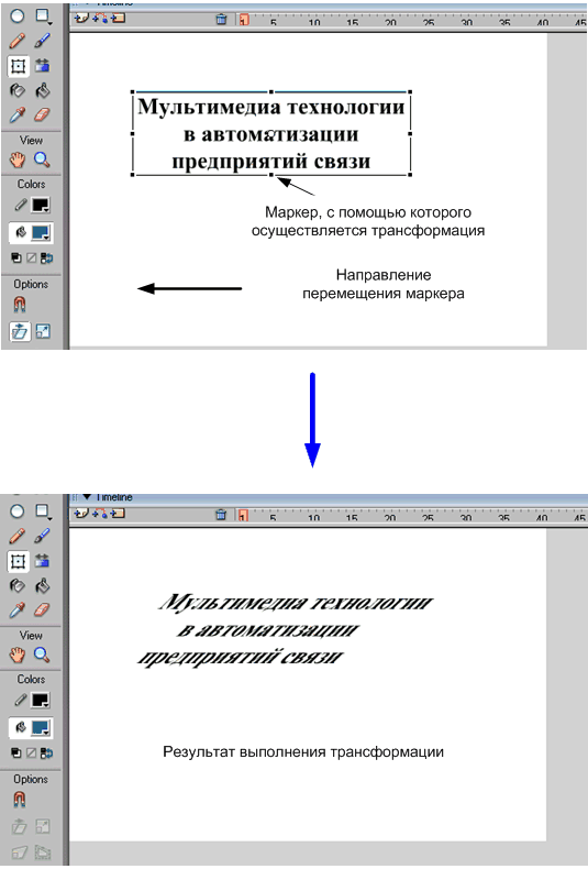 Пример применения инструмента «Трансформатор» с помощью маркера Skew (режим «Вращение и сдвиг») в Macromedia Flash MX 2004